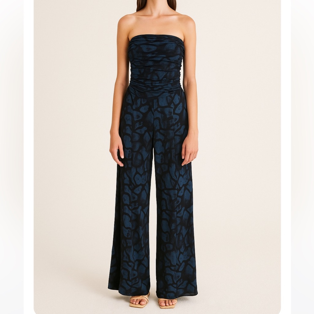Elana Kattan Jumpsuit Strapless Wide Leg Black & Blue Size Small